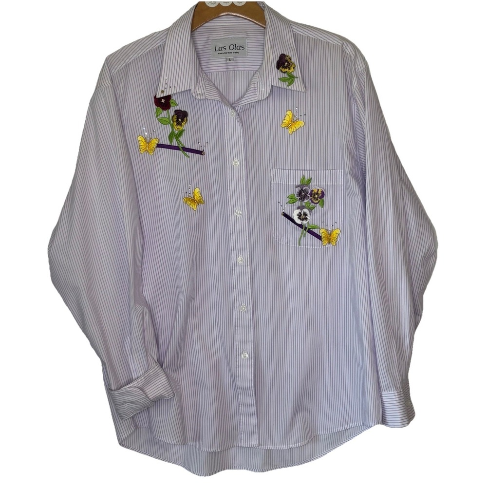 Vtg Las Olas Y2K‎ Blouse LG Lavender Stripe Floral Butterflies Embroidery Shirt
